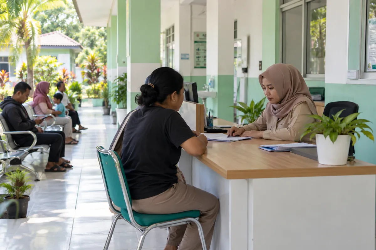 Petugas pendaftaran melayani pengunjung di meja penerimaan Puskesmas